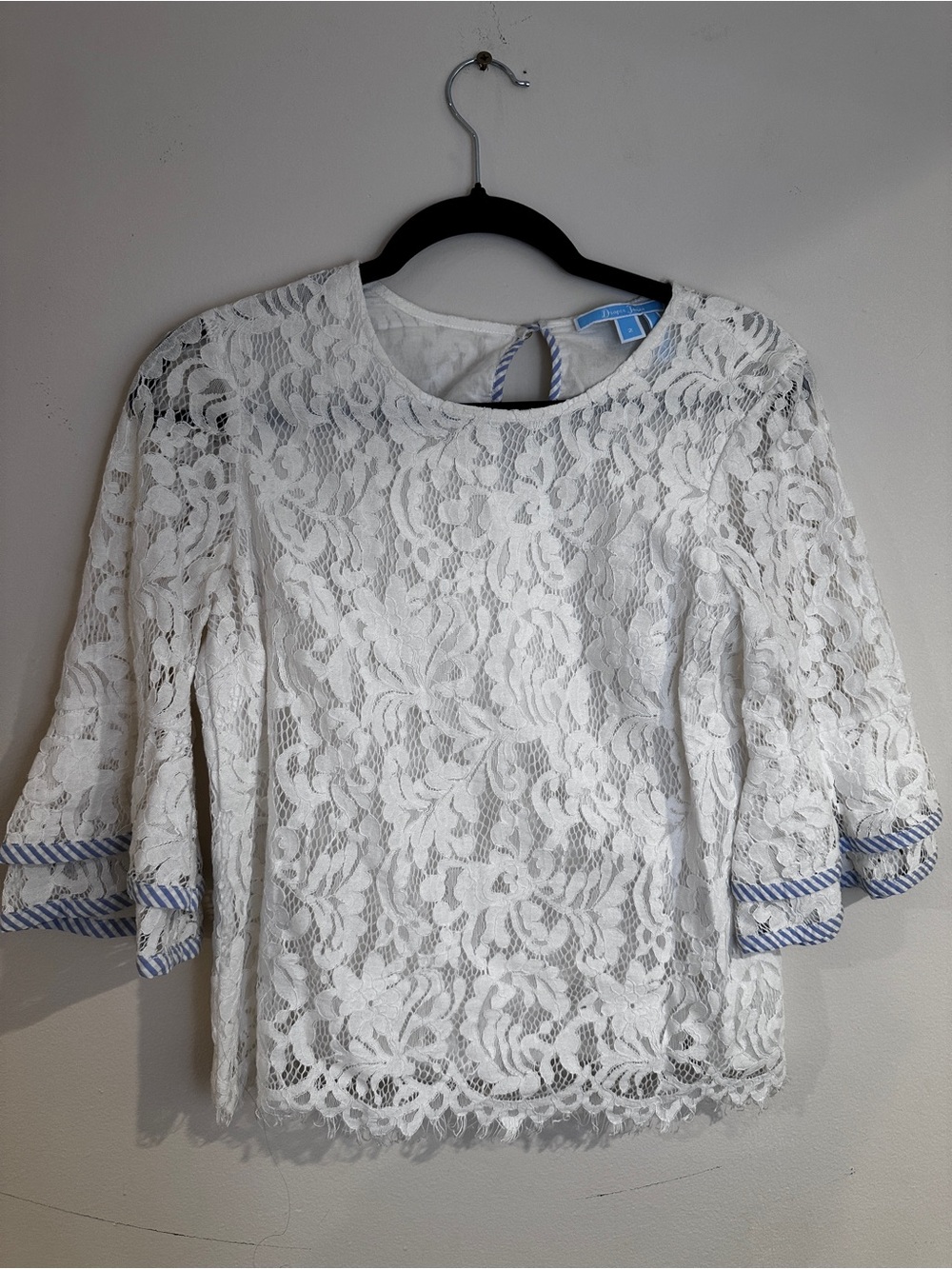 White Lace Women’s Blouse with Blue Trim
